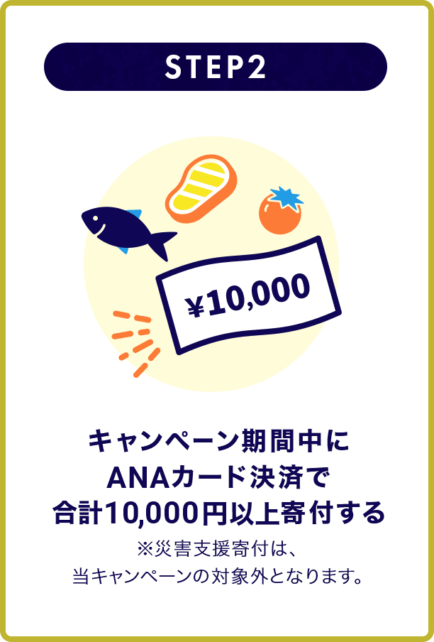 STEP2 キャンペーン期間中にANAカード決済で合計10,000円以上寄付する ※災害支援寄付は、当キャンペーンの対象外となります。