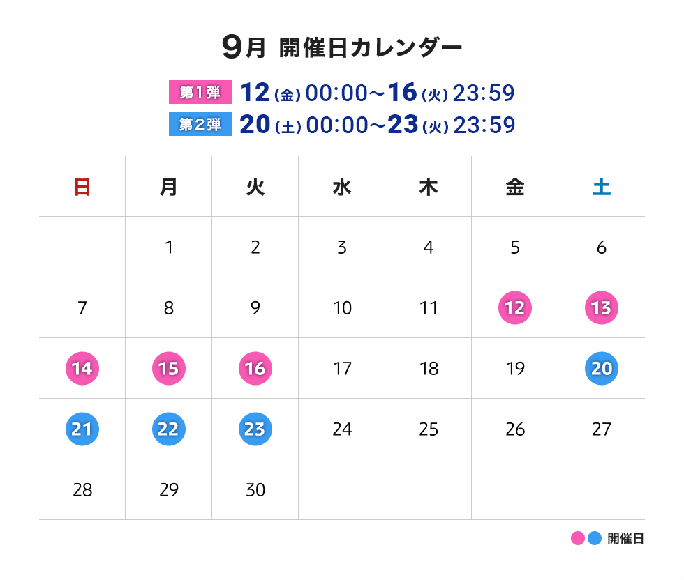 9月開催日カレンダー 第1弾 9月12日（金）00:00～9月16日（火）23:59 第2弾 9月20 日（土）00:00～9月23日（火）23:59