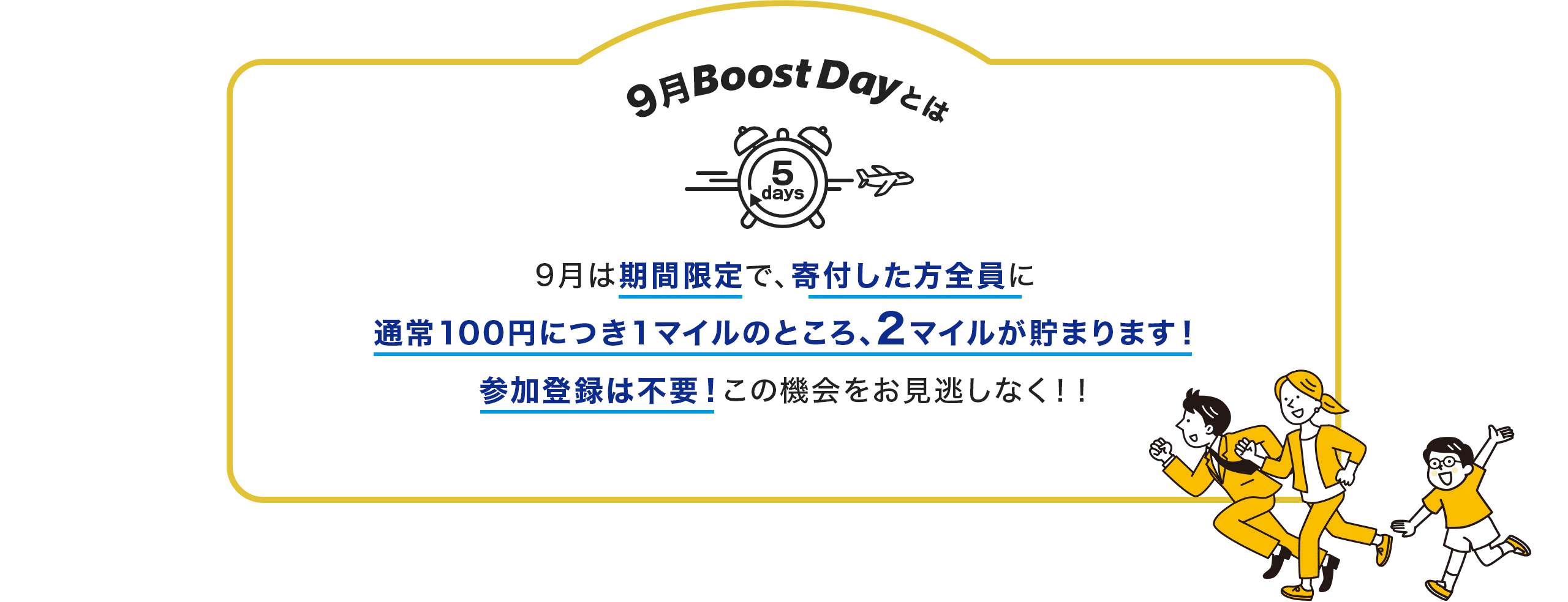 9月Boost Day とは 期間限定で、寄付した方全員に通常100円につき1マイルのところ、2マイルが貯まります！ 参加登録は不要！この機会をお見逃しなく！！