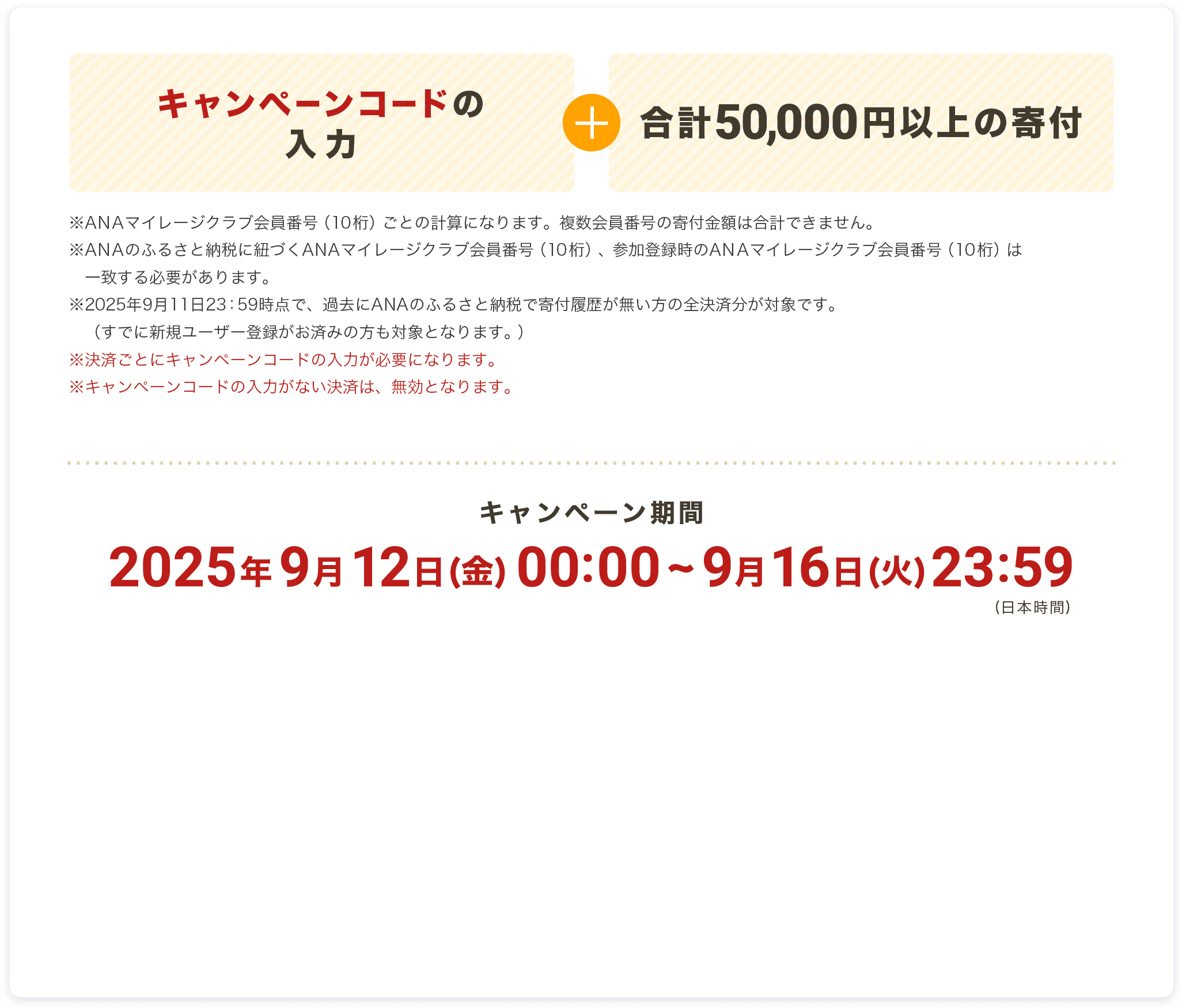 キャンペーンコードの入力 合計50,000円以上の寄付 ※ANAマイレージクラブ会員番号（10桁）ごとの計算になります。複数会員番号の寄付金額は合計できません。※ANAのふるさと納税に紐づくANAマイレージクラブ会員番号（10桁）、参加登録時のANAマイレージクラブ会員番号（10桁）は一致する必要があります。※2025年9月11日23：59時点で、過去にANAのふるさと納税で寄付履歴が無い方の全決済分が対象です。（すでに新規ユーザー登録がお済みの方も対象となります。）※決済ごとにキャンペーンコードの入力が必要になります。※キャンペーンコードの入力がない決済は、無効となります。キャンペーン期間 2025年9⽉12⽇(金) 00:00 ~ 9⽉16⽇(火)23:59(日本時間)