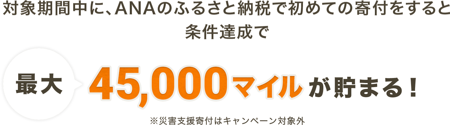 対象期間中に、ANAのふるさと納税で初めての寄付をすると条件達成で最大45,000マイルが貯まる！※災害支援寄付はキャンペーン対象外