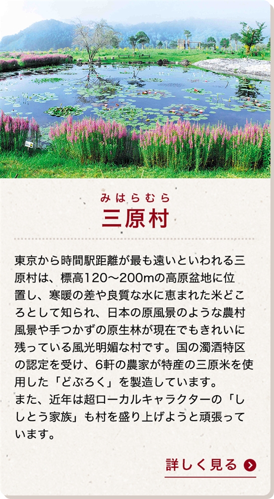 東京から時間駅距離が最も遠いといわれる三原村は、標高120～200mの高原盆地に位置し、寒暖の差や良質な水に恵まれた米どころとして知られ、日本の原風景のような農村風景や手つかずの原生林が現在でもきれいに残っている風光明媚な村です。国の濁酒特区の認定を受け、6軒の農家が特産の三原米を使用した「どぶろく」を製造しています。また、近年は超ローカルキャラクターの「ししとう家族」も村を盛り上げようと頑張っています。