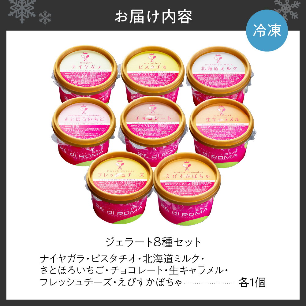 ジェラート8個セット（北海道ミルク・さとほろいちご・チョコレート・ピスタチオ・ナイヤガラ・フレッシュチーズ・生キャラメル・えびすかぼちゃ）