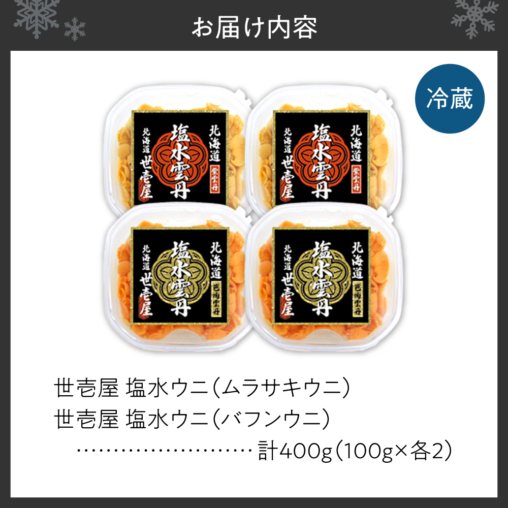 【先行予約】北海道産　世壱屋塩水ウニ（ムラサキウニ＆バフンウニ）各200g ｜うに 海鮮 魚介 無添加 セット 食べ比べ 北海道札幌市