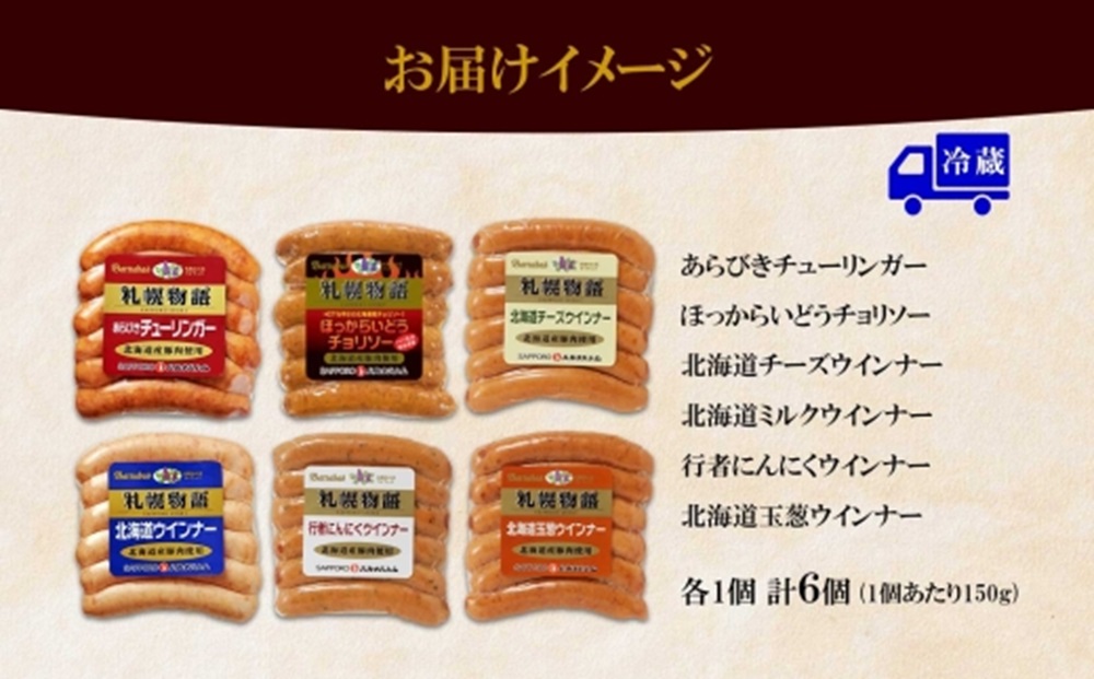 北海道 ウィンナー6種 北海道 豚 あらびき チョリソー チーズ ミルク 行者にんにく 玉ねぎ 150g×各1 豚肉 豚 おつまみ 冷蔵 ギフト グルメ  バルナバフーズ 送料無料 北海道 札幌市
