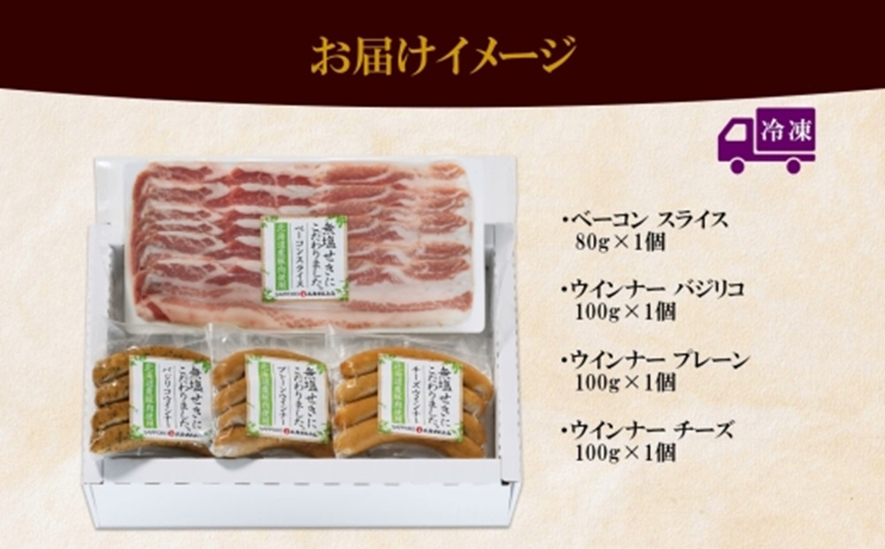 無塩せき ハム ギフト A ウインナー 3種＆ベーコン スライス 1種 小分け バジリコ プレーン チーズ 無添加 お取り寄せ ギフト 冷凍 バルナバハム バルナバフーズ 送料無料 北海道 札幌市