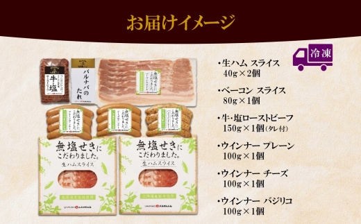 北海道産 無塩せき ハム ギフトD 6種 小分け ウインナー プレーン バジリコ チーズ 生ハム ベーコン ローストビーフ ソーセージ 冷凍 ギフト 札幌バルナバフーズ 送料無料 北海道 札幌市