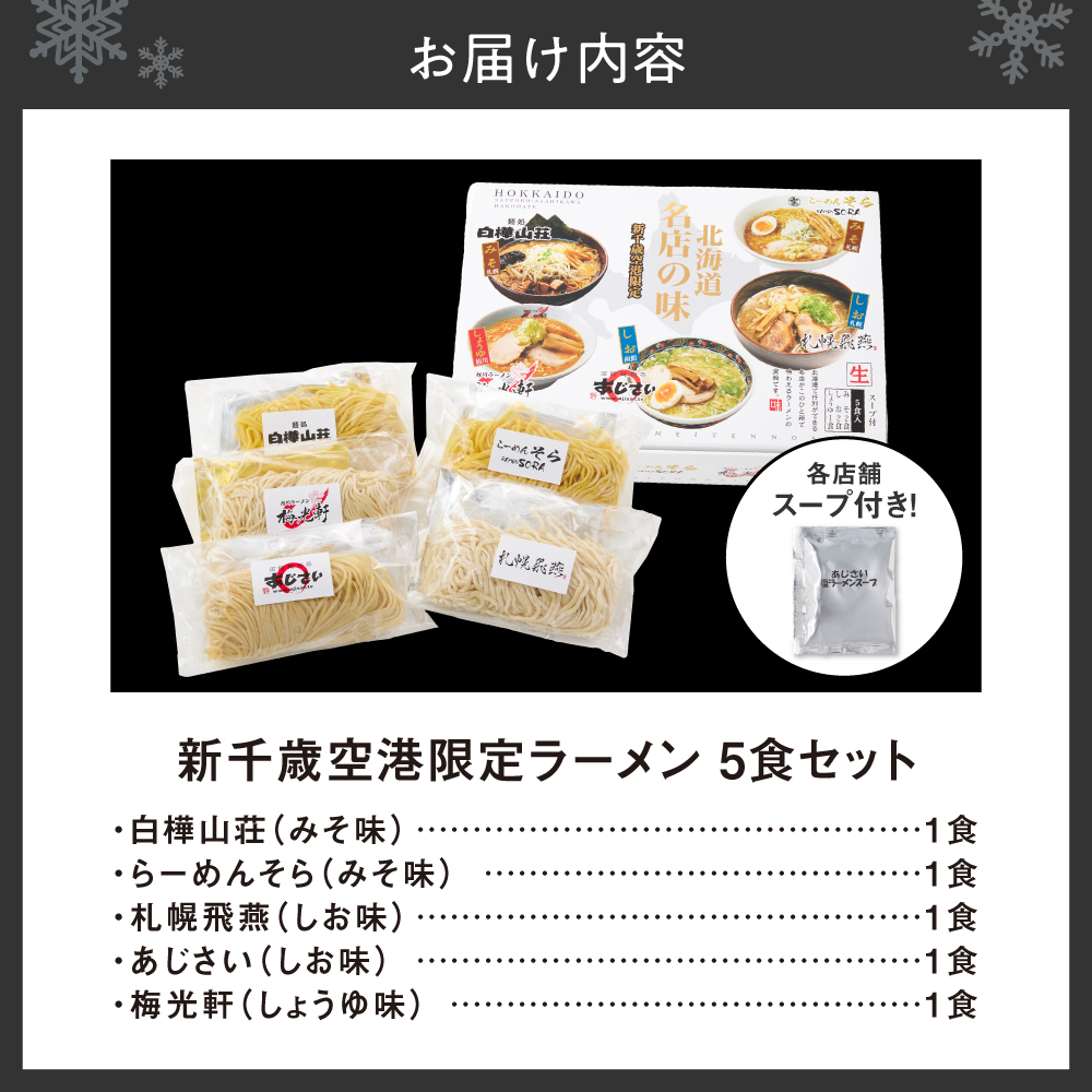 北海道ラーメン 新千歳空港限定 名店の味 5食セット 塩 醤油 味噌 らーめん 飛燕 梅光軒 白樺山荘 あじさい  そら 拉麺 ラーメン 人気 詰め合わせ 森住製麺 生麺 産直 ご当地ラーメン グルメ