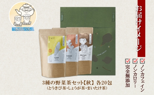 野菜茶3種セット《秋》とうきび茶・しょうが茶・まいたけ茶　ティーバッグ　各20包
