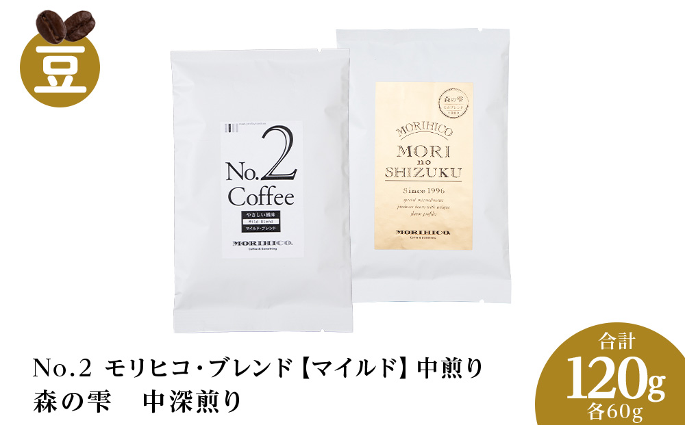 コーヒー豆セット　No.2 モリヒコ・ブレンド【マイルド】と森の雫セット　合計120g