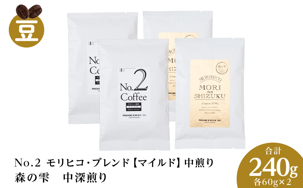 コーヒー豆セット　No.2 モリヒコ・ブレンド【マイルド】と森の雫セット　各2袋　合計240g