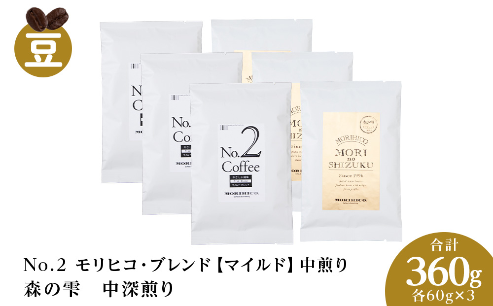 コーヒー豆セット　No.2 モリヒコ・ブレンド【マイルド】と森の雫セット　各3袋　合計360g