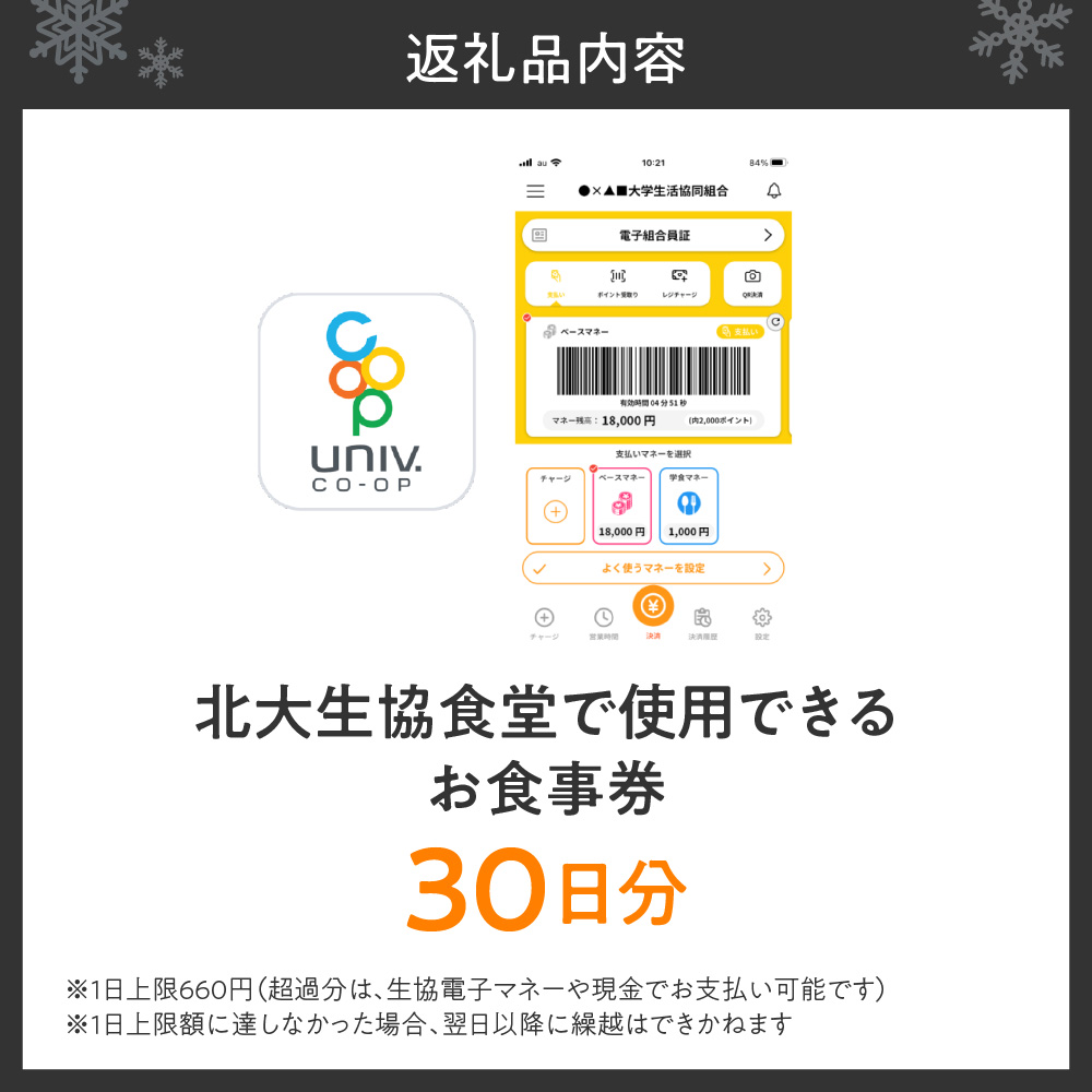 北大生協食堂で利用できる　お食事券30日分（1日上限660円）