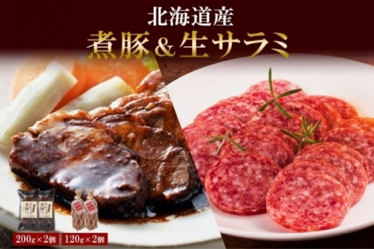 北海道産 煮豚 200g 生サラミ 120g 各2個 セット サラミ 角煮 豚 角煮 豚肉 ロース ポーク 煮物 おかず おつまみ ギフト 冷蔵 バルナバハム バルナバフーズ 送料無料 北海道 札幌市