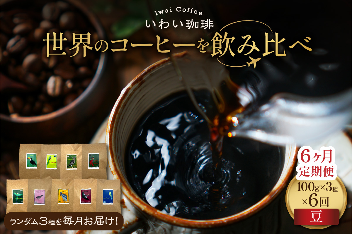 【定期便6ヶ月】世界のコーヒーを飲み比べ 定期便 全6ヶ月　店主厳選 珈琲 3種セット 毎月 100g × 3袋 6回 合計 1.8kg　いわい珈琲　シングルオリジン300g（豆）