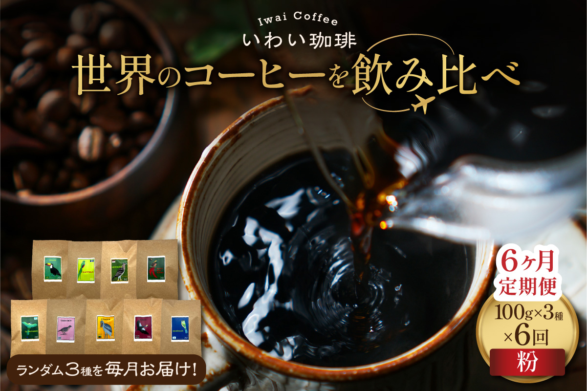 【定期便6ヶ月】世界のコーヒーを飲み比べ 定期便 全6ヶ月　店主厳選 珈琲 3種セット 毎月 100g × 3袋 6回 合計 1.8kg　いわい珈琲　シングルオリジン300g（粉）