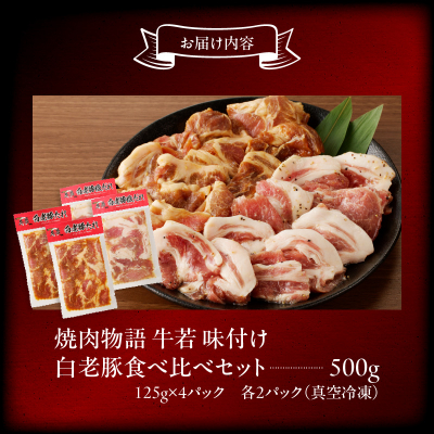 函館市 焼肉物語牛若 味付き白老豚食べ比べセット！500g_HD048-016