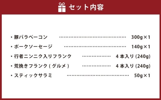 小樽の老舗肉屋の手づくり燻製ミート5種盛りセット （ 豚バラベーコン ポークソーセージ 行者にんにく入りフランク 荒挽きフランク(グルメ) スティックサラミ ） 計970g