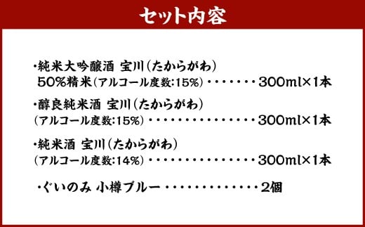 小樽の地酒を小樽のグラスで飲み比べ。 宝川 3種と 【ぐいのみ】 2個セット （小樽ブルー） 宝川 純米大吟醸酒 日本酒 お酒 酒 ぐい呑み 北海道 小樽市 常温