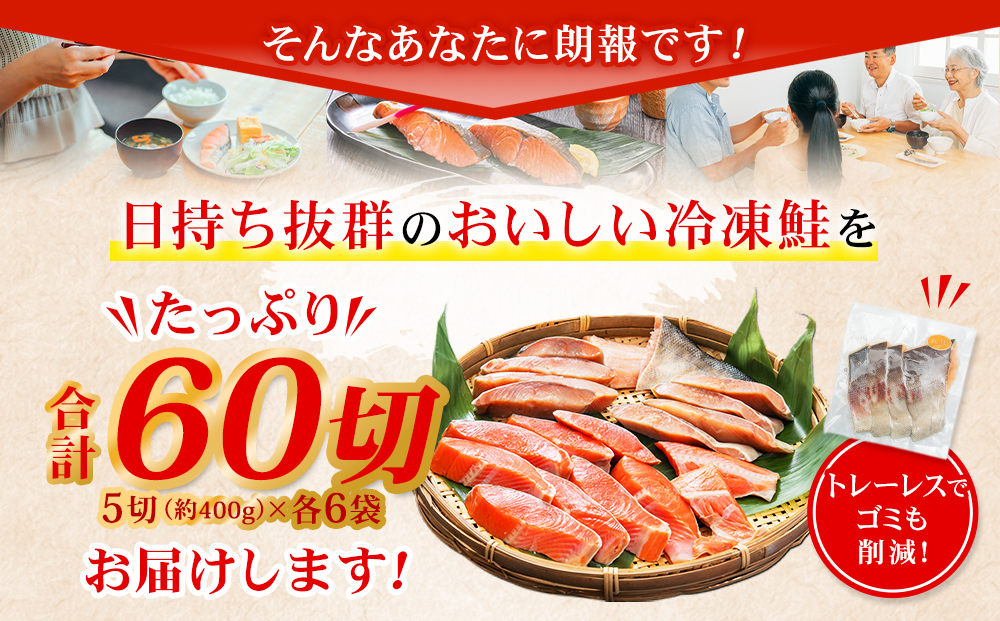 甘塩紅鮭切身・秋鮭切身 各5切(約400g)×6袋 合計60切(約4.8kg)