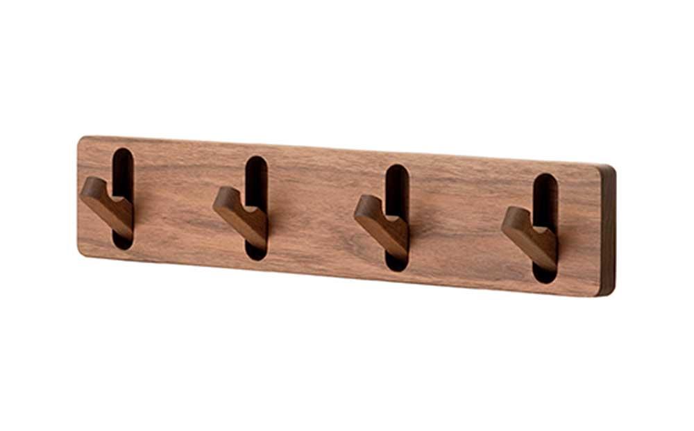 旭川家具　コサイン　ウォールフック ウォルナット（幅50×奥行2.6×高さ9.6cm） 【 旭川家具 北海道 旭川市 木製 家具 選べる樹種 壁掛け フック コート掛け 帽子掛け 手作り フック4個 浮かせる収納 シンプル ナチュラル 手作り 北欧 おしゃれ 天然木 無垢 】_00643