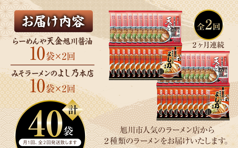 【定期便】おうちで味わえる！ 旭川ラーメン 繁盛店 20食セット（ 10袋×2店舗分 ）2ヶ月連続発送【 食べ比べ 乾麺 ランキング らーめん ラーメン インスタントラーメン インスタント カップ麺 麺 旭川ラーメン しょうゆ 醤油 みそ 味噌 乾麺 セット お取り寄せ 麺類 旭川市 北海道 】_04838