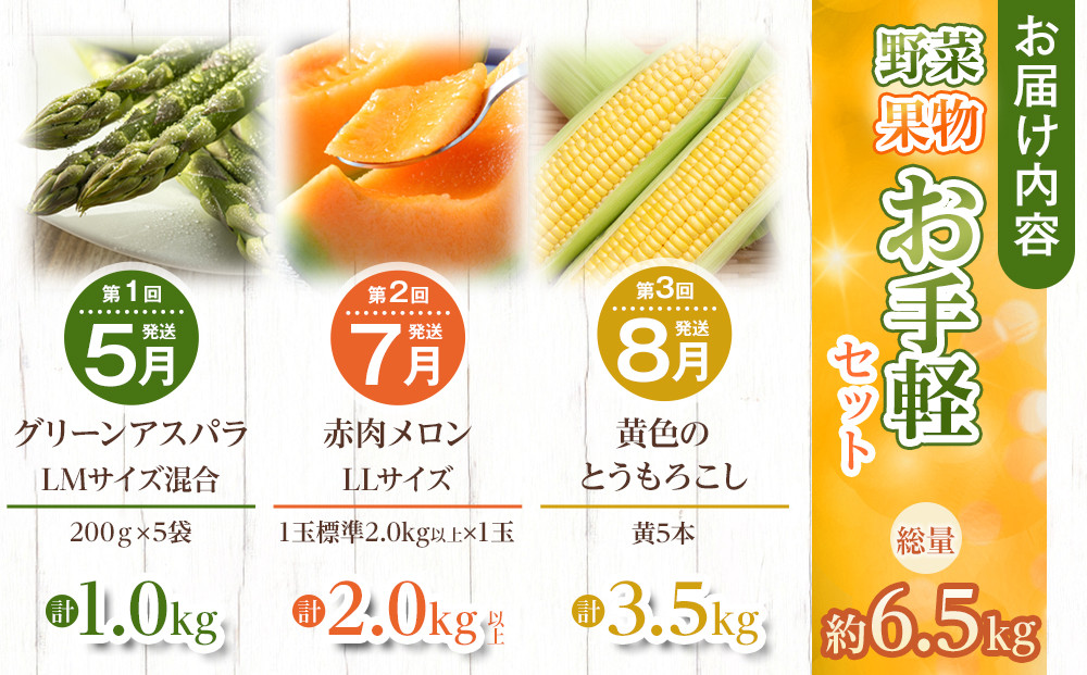 ◆2026年発送先行予約◆【定期便／全3回】旬の極味！『市場厳選』野菜・果物お手軽セット 【セット 旭川産 メロン 赤肉 とうもろこし グリーンアスパラ アスパラガス トウモロコシ フルーツ 野菜 旬 定期便 果物 旭川市 北海道ふるさと納税 】_04844