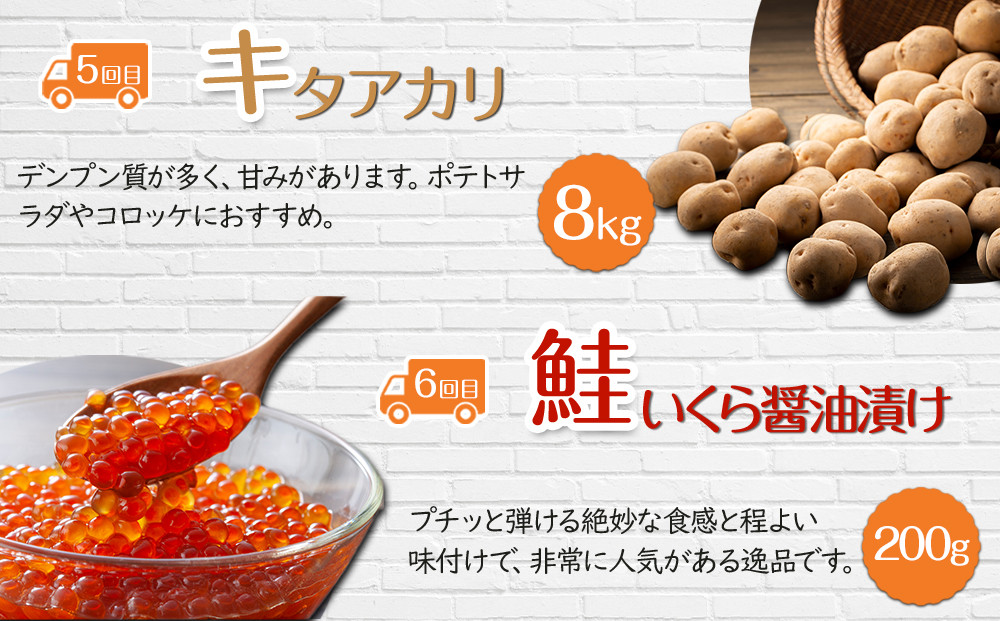 【26年5月発送開始】かに太郎 定期便Nセット（アスパラ、赤肉メロン、ライオンコーン、白くまコーン、キタアカリ、無添加鮭イクラ醤油漬け）全6回 _03827