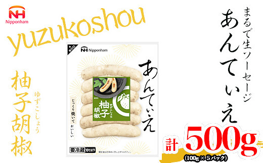 【ふるさと納税】無塩せき ウインナー あんてぃえ 柚子胡椒 100g x 5p 計500g 食品 無塩せきウインナー ソーセージ ゆず こしょう 国内製造 北海道 旭川 無塩せきソーセージ 発色剤不使用 日本ハム 小分け 定期便 パーティー お弁当 おつまみ 冷蔵 送料無料_05368