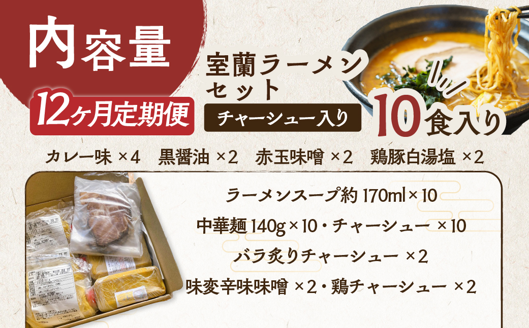 【12ヶ月定期便】室蘭ラーメンセット（カレー味4、醤油2、味噌2、塩2）10食セット道産小麦100％麺140g×10、自家製チャーシュー付き MROA168