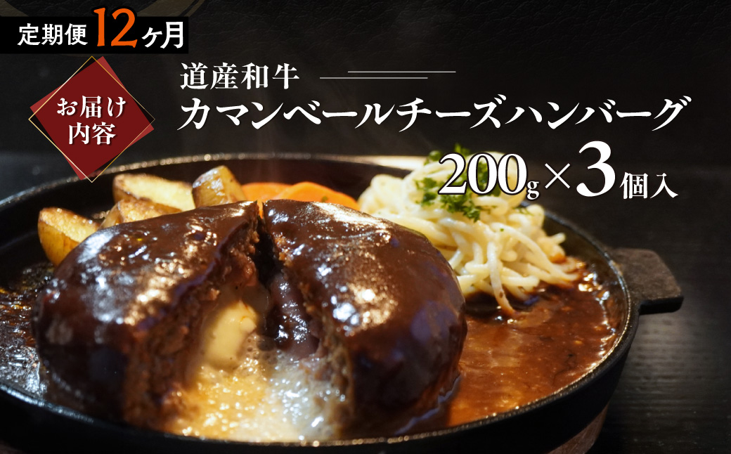 【12ヶ月定期便】道産和牛カマンベールチーズハンバーグ（200g）3個入り MROA178