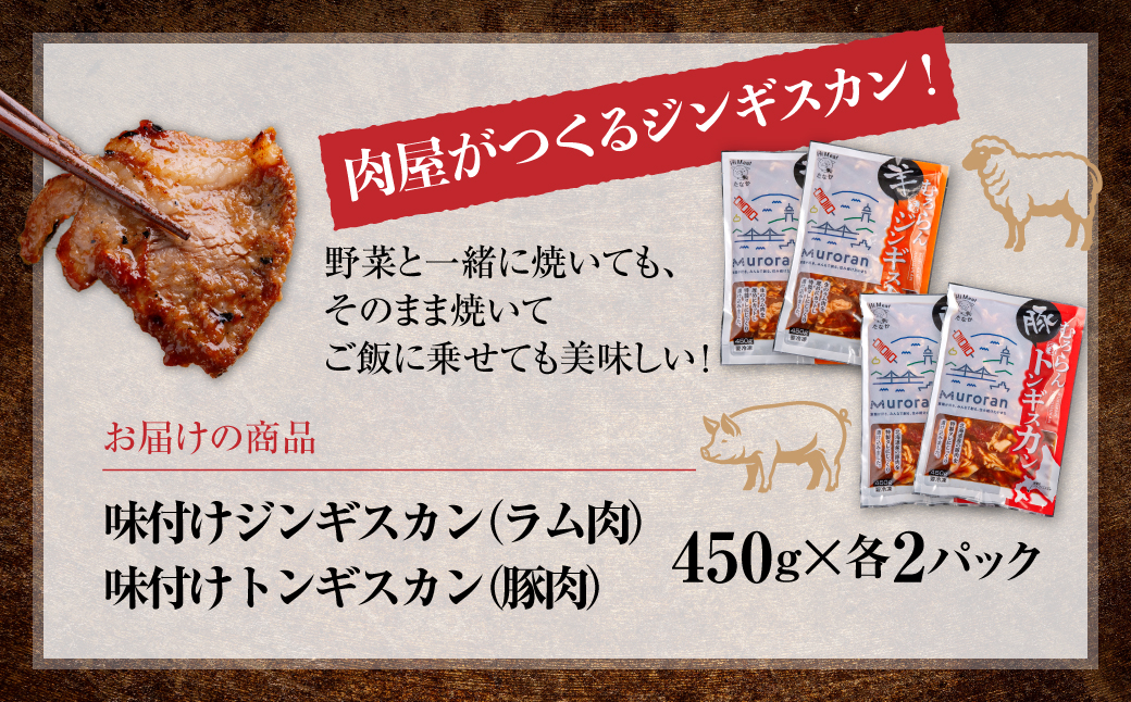 むろらん ジンギスカン（ラム）トンギスカン（豚）450g×各2パック MROBA006