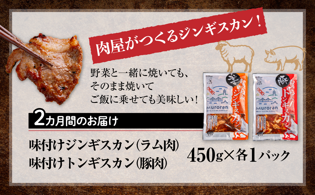 【2カ月定期便】むろらん ジンギスカン（ラム）トンギスカン（豚）450g×各1パック MROBA015