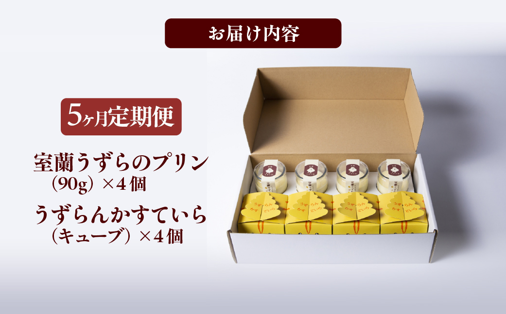 ≪5ヶ月定期便≫室蘭うずらのプリン4個＆かすていらキューブ4個 MROF012