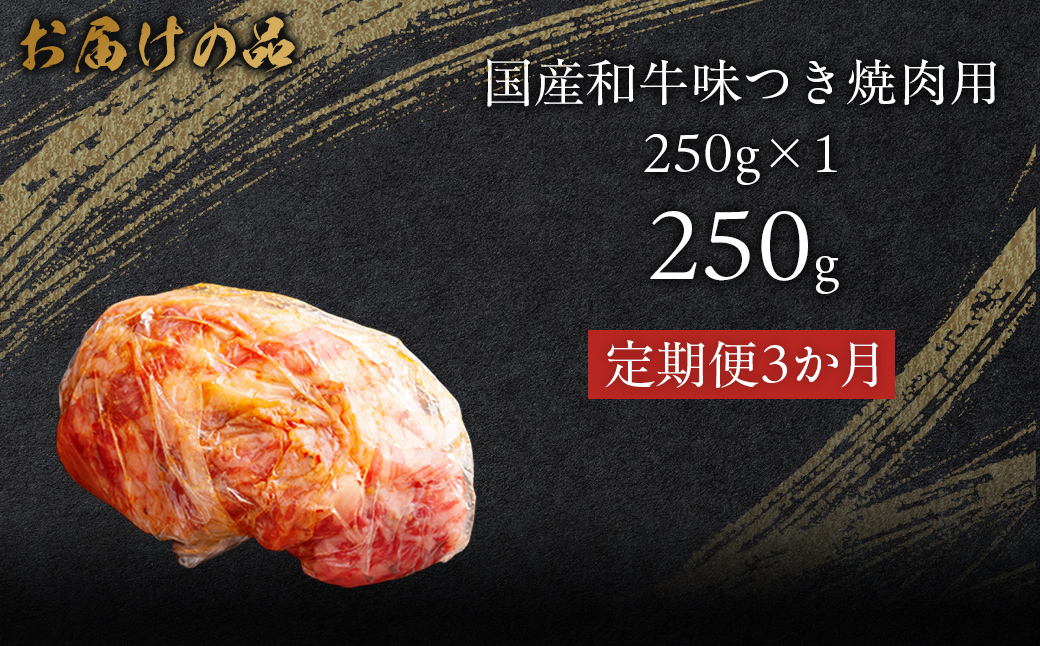 【3か月定期便】国産和牛味つき焼肉用 250g (250g×1) MROBM006