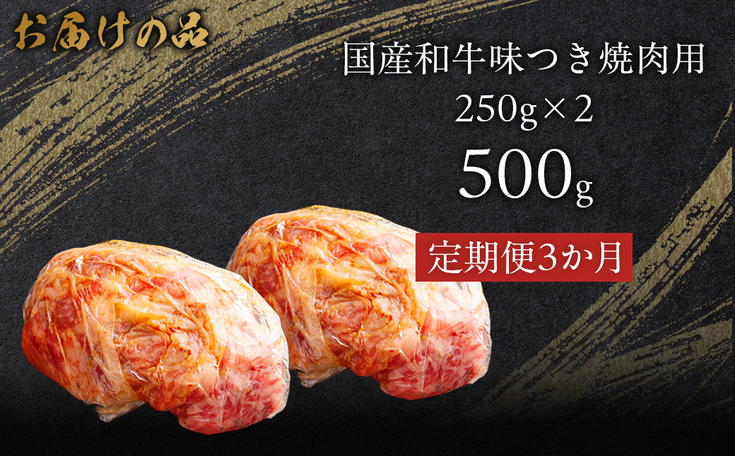 【3か月定期便】国産和牛味つき焼肉用 500g (250g×2) MROBM010