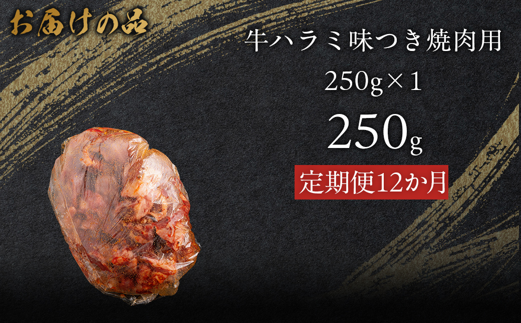 【12か月定期便】牛ハラミ味つき焼肉用 250g (250g×1) MROBM038