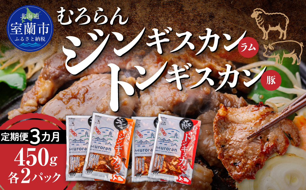 【3カ月定期便】むろらん ジンギスカン（ラム）トンギスカン（豚）450g×各2パック MROBA018