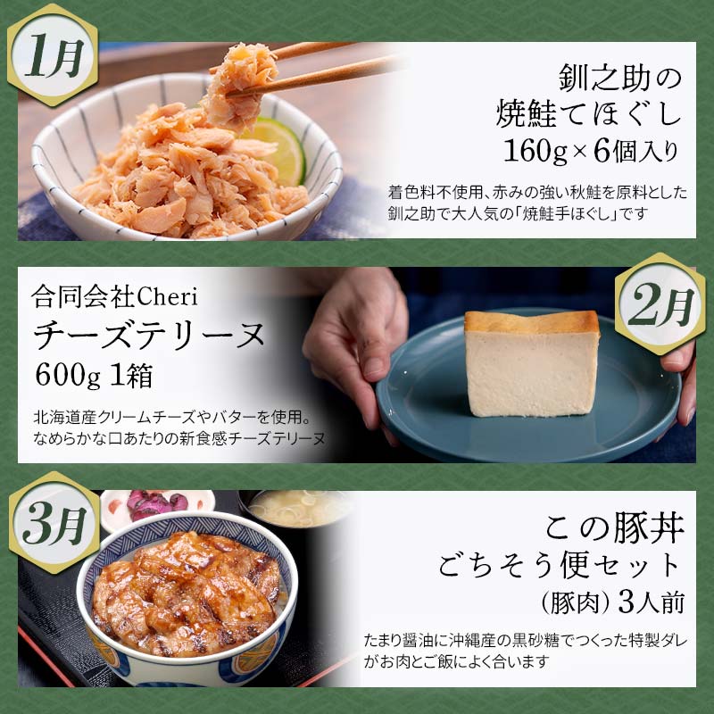 【 定期便 12か月 】釧路市 を感じる定期便 鮭 保存食 スイーツ 豚丼 牛 ステーキ うに ウニ 雲丹 肉 コーヒー たらこ ホタテ いくら 数の子 魚卵 頒布会 セット _F5F-0001