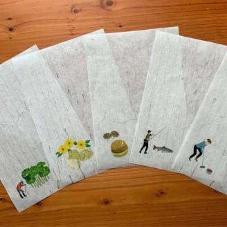 【期間限定！寄附額改定↓！】富貴紙 便箋封筒セット①（イラスト付便箋5枚、白封筒5枚） ふるさと納税 雑貨 ステーショナリー 手紙 和紙 おしゃれ 音別町 北海道 _F4F-3590