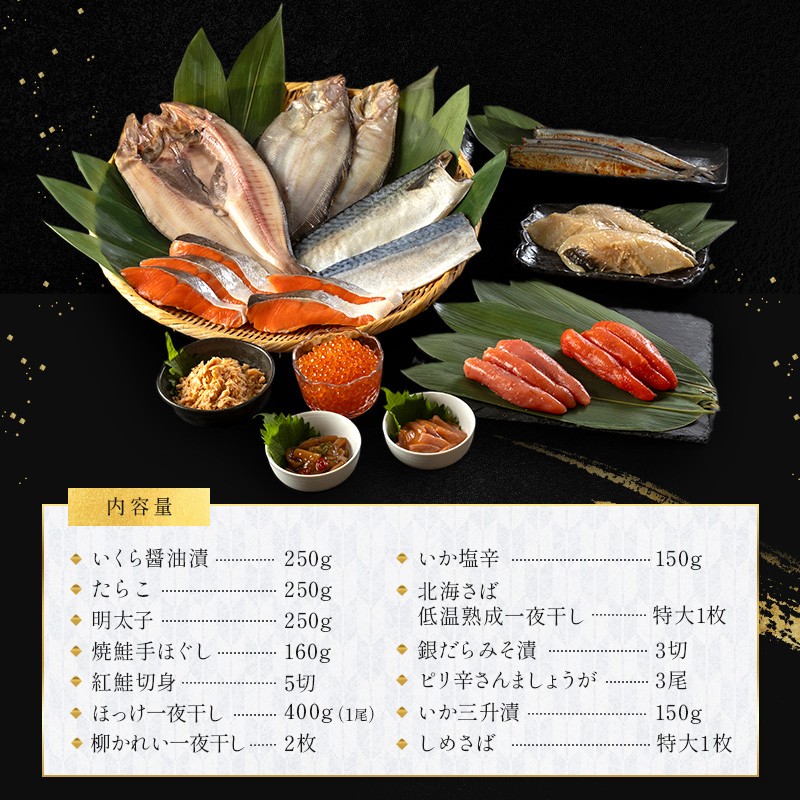まるごと堪能！新物 北海道産 ササヤの『海の幸豪快セット』 全13品 海の幸 いくら たらこ 明太子 鮭 ほっけ かれい いかの塩辛 さば 銀だら さんま _F4F-8922