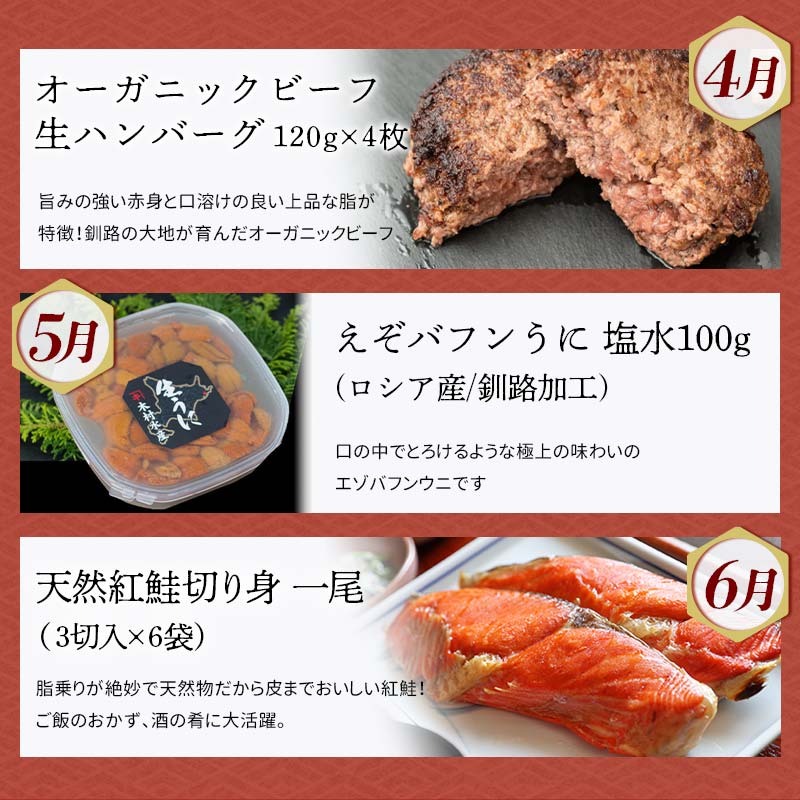 【期間限定！寄附額改定↓！】【定期便 12か月】 釧路市へ行きたくなる定期便 いくら イクラ うに ウニ 雲丹 魚介 海鮮 肉 スイーツ 米 たらこ 保存食 鮭 数の子 頒布会 セット _F5F-0007