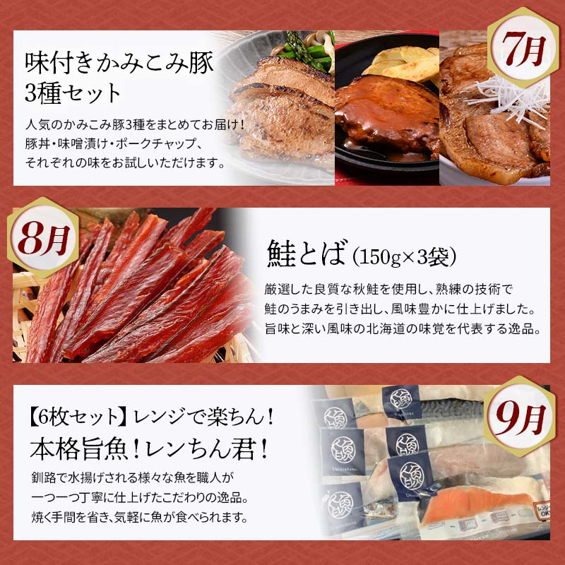 【期間限定！寄附額改定↓！】【定期便 12か月】 釧路市へ行きたくなる定期便 いくら イクラ うに ウニ 雲丹 魚介 海鮮 肉 スイーツ 米 たらこ 保存食 鮭 数の子 頒布会 セット _F5F-0299