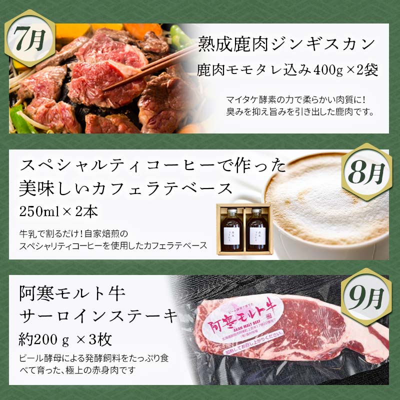 【 定期便 12か月 】釧路市 を感じる定期便 鮭 保存食 スイーツ 豚丼 牛 ステーキ うに ウニ 雲丹 肉 コーヒー たらこ ホタテ いくら 数の子 魚卵 頒布会 セット _F5F-0001