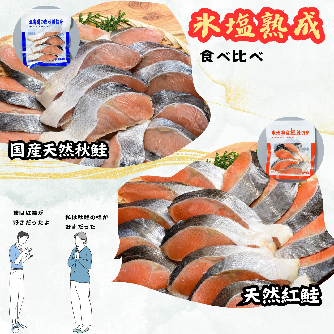 【3ヶ月連続】マルア阿部商店 氷塩熟成 食べ比べ定期便 紅鮭 秋鮭 カマ サケ 鮭 しゃけ 海鮮 魚 海鮮 定期便 分布会 北海道 _F4F-8093