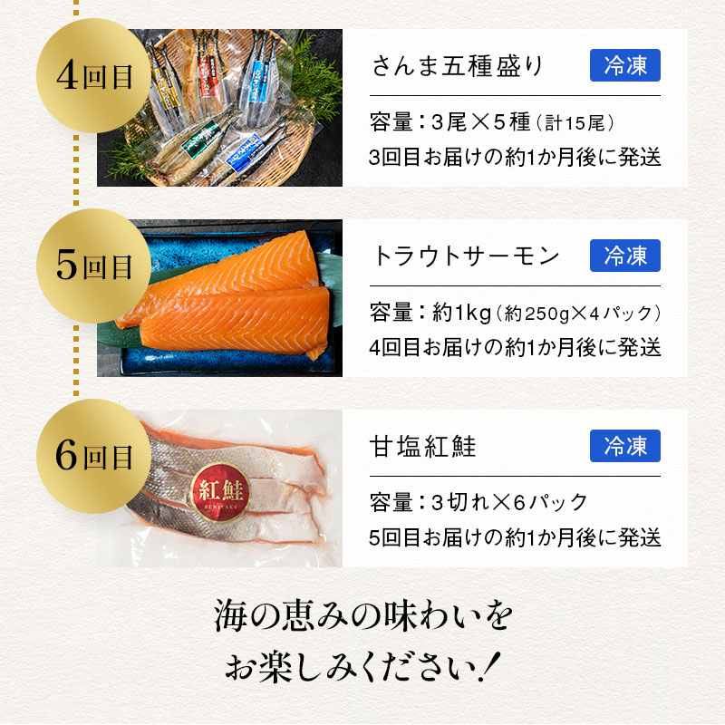【贅沢6回お届け】釧路の海鮮物語 豪華海鮮定期便 紅鮭 たらこ サーモン さんま うなぎ ししゃも 海鮮 6か月連続 冷凍便 贅沢 ギフト _F4F-9224