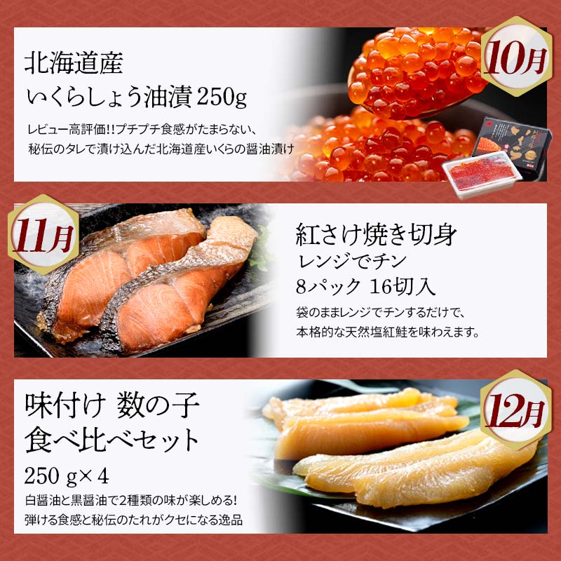 【期間限定！寄附額改定↓！】【定期便 12か月】 釧路市へ行きたくなる定期便 いくら イクラ うに ウニ 雲丹 魚介 海鮮 肉 スイーツ 米 たらこ 保存食 鮭 数の子 頒布会 セット _F5F-0007