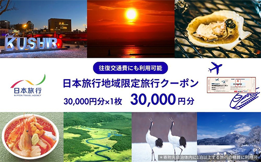 【期間限定！寄附額改定↓！】北海道釧路市 日本旅行 地域限定旅行クーポン 30,000円分 チケット 旅行 宿泊券 ホテル 観光 旅行 旅行券 交通費 体験 宿泊 夏休み 冬休み 家族旅行 ひとり カップル 夫婦 親子 トラベルクーポン 北海道釧路市旅行 阿寒湖 道東 釧路湿原 _F4F-2475