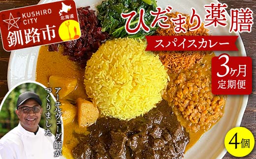 【3ヶ月連続定期便】ひだまり薬膳スパイスカレー 4個 冷凍 薬膳 スパイスカレー カレー スパイス デトックス 保存食 ジビエ 低糖質 ターメリックライス _F4F-4366