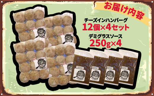 チーズ in 生ハンバーグ 12個×4セット+デミグラスソース250g×4【配送不可地域：離島】